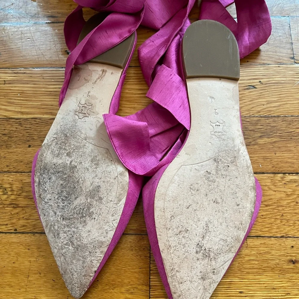 Sam Edelman Pink Satin Pointed Toe Ankle Tie Flats